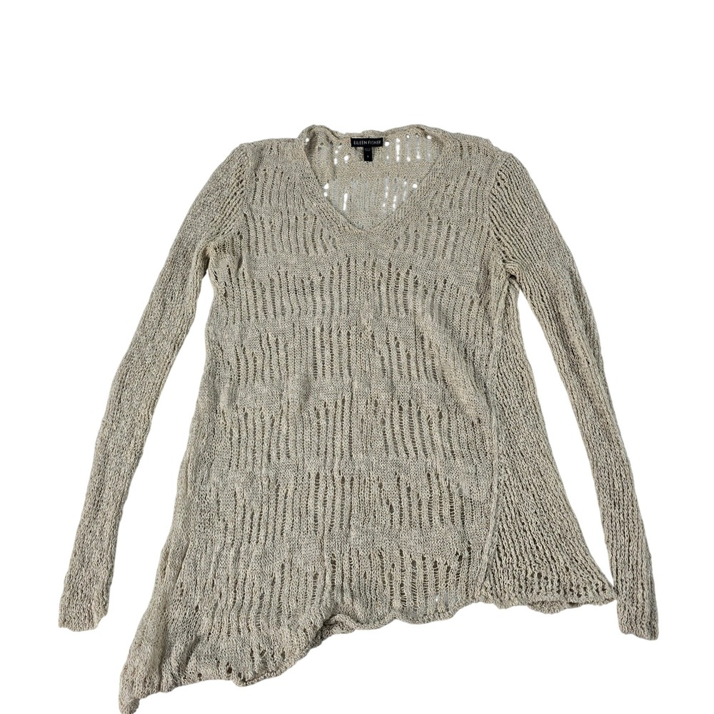 Eileen Fisher Womens Oatmeal Linen Blend Open Ladder Knit Asymmetric Sweater S
